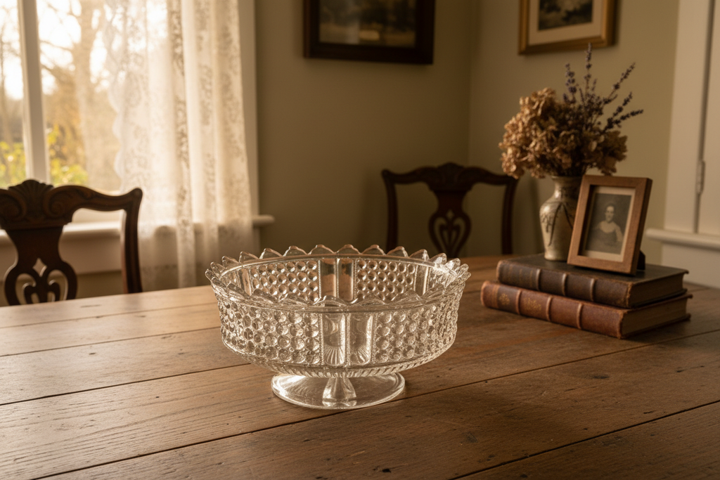 Grande coupe sur pied — “Three Panel”, Pattern No. 25
Richards & Hartley Glass Company — motif introduit en 1885