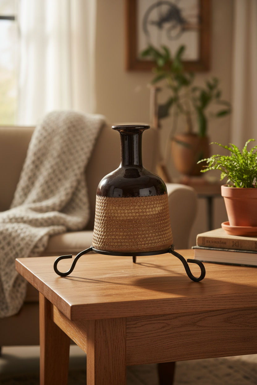 Vase avec pied en fer forgé.